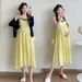 Real Shot Vacation Style New Design Loose Two-Piece Set For Pregnt Women With Flared Skirt Green Vest D Black_ecoleips.com