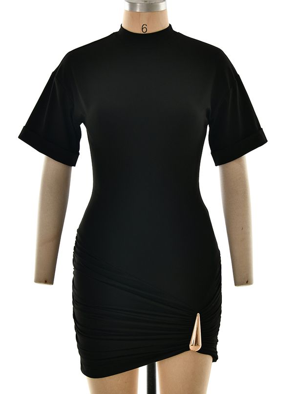 JULISSA MO Elegant Round Neck Metal Button Women Mini Dress Black Short Sleeve Ruched Dress Female Spring Slim Party Club Dress_ecoleips.com
