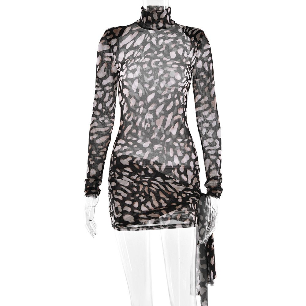 Leopard Print Bandage Long Sleeve Turtleneck Dress Women's Commute Style High Waist One Shoulder Citywalk Dress_ecoleips.com