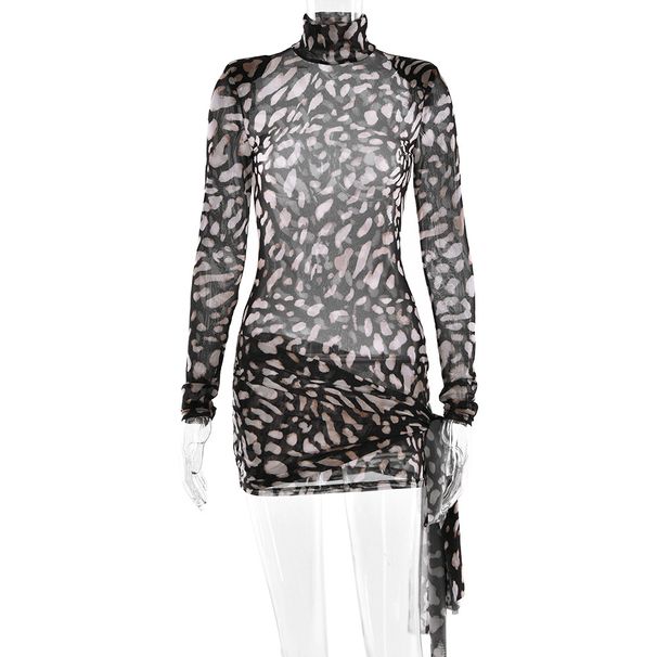 Leopard Print Bandage Long Sleeve Turtleneck Dress Women's Commute Style High Waist One Shoulder Citywalk Dress_ecoleips.com