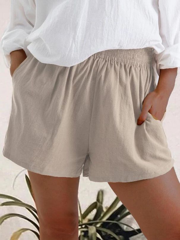 Suitable For All Seasons Women's Summer New Solid Color High Waist Casual Linen Pocket Straight Three-Quarter Shorts_ecoleips.com
