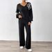 Women's Autumn Winter Casual Outfit Floral Embroidery Ribbon V-Neck Sweater Straight Pants Two-Piece Set_ecoleips.com