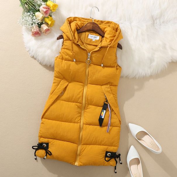 Down padded waistcoat for women autumn-winter sleeveless vest mid-length hooded vest_ecoleips.com