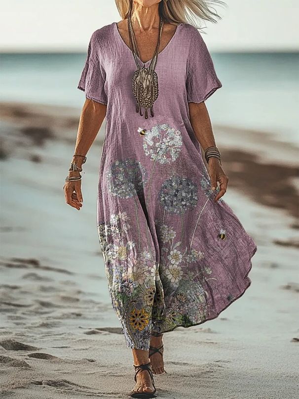 Creative Floral Women's Summer V-Neck Short Sleeve Dress Medium-Length Dress_ecoleips.com