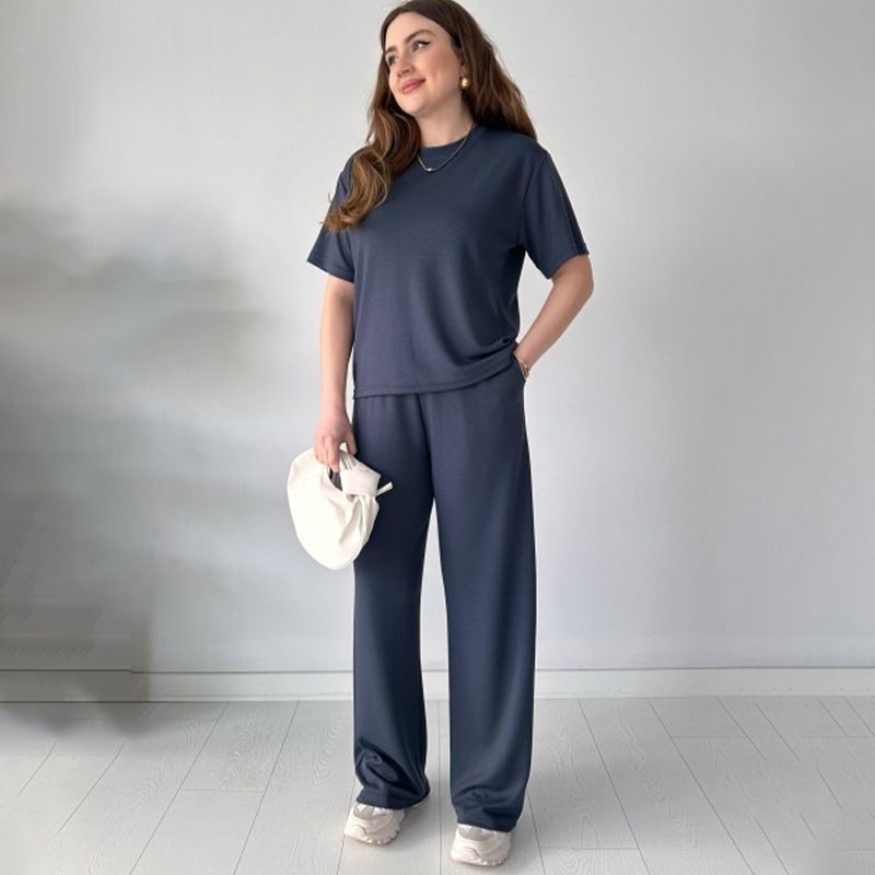 Women's Clothing New Solid Color Short Sleeved Top With Strap Pocket Straight Pants Suit_ecoleips.com