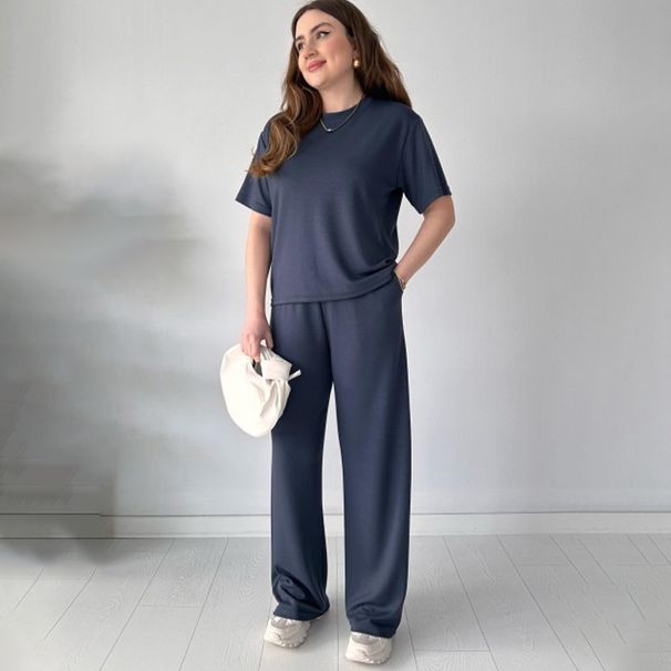 Women's Clothing New Solid Color Short Sleeved Top With Strap Pocket Straight Pants Suit_ecoleips.com
