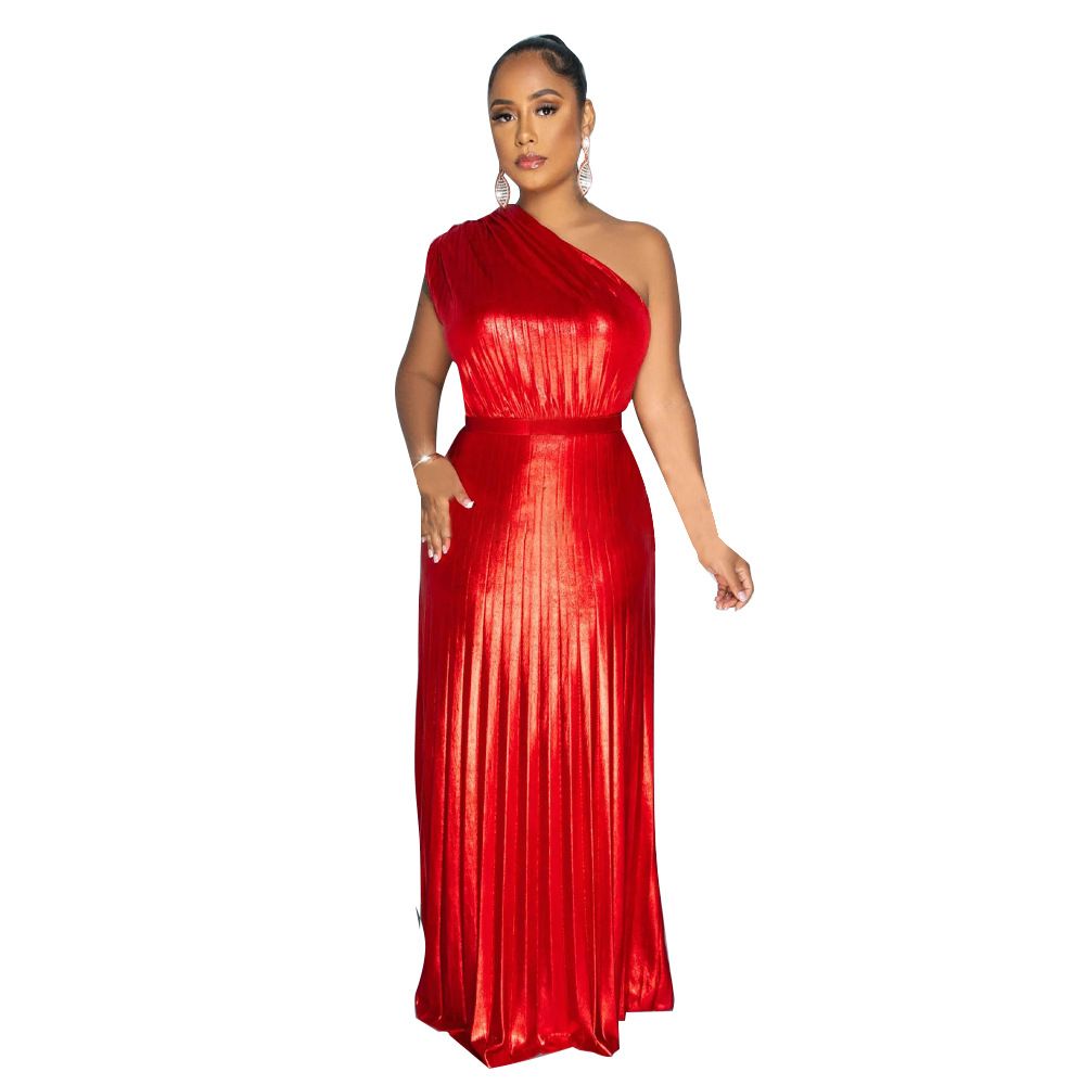 Women's Clothing Fashion Slant Collar Sleeveless Slim Pleated Dress_ecoleips.com