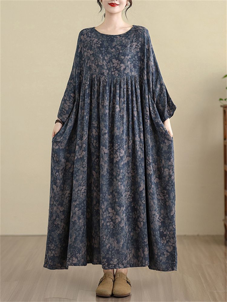 Cotton Long Sleeve Print Floral Vintage Dresses For Women New All Season Casual Loose Long Dress Femme Vestidos Elegant Clothing_ecoleips.com