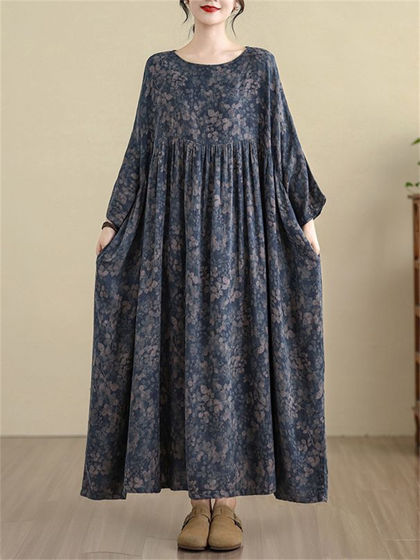 Cotton Long Sleeve Print Floral Vintage Dresses For Women New All Season Casual Loose Long Dress Femme Vestidos Elegant Clothing_ecoleips.com