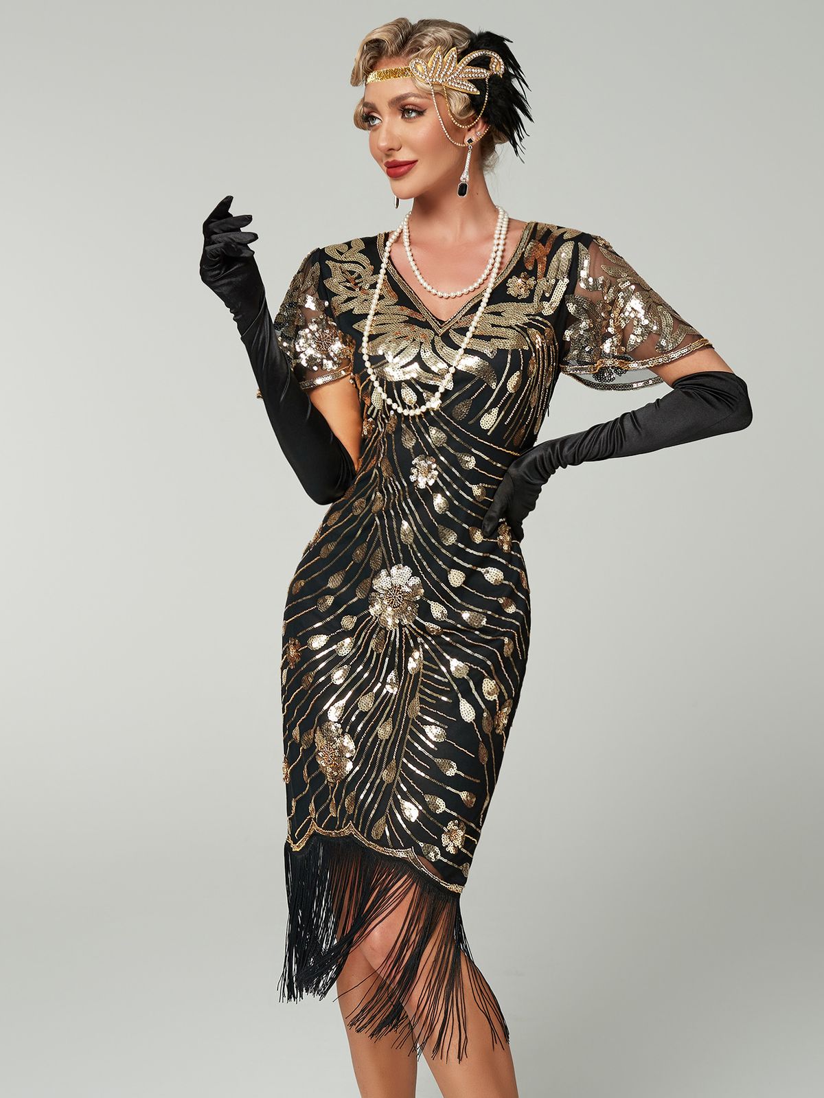 Tassel Sequined Short Sleeve Dress for Women Retro 1920s European American Style Slim Fit Evening Gown for Banquet Party_ecoleips.com