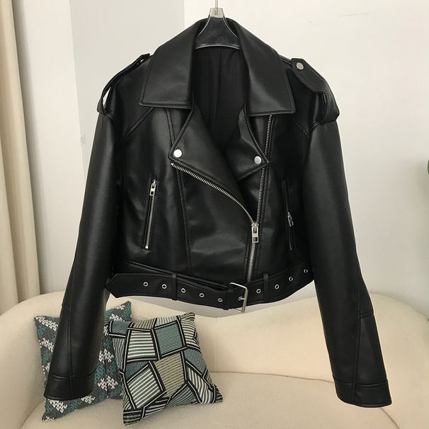 Women's Clothing Ladies Spring And Autumn Ladies New Lapel Short Jacket Style Motorcycle Fashion Casual Style Slim Leather Jacket_ecoleips.com