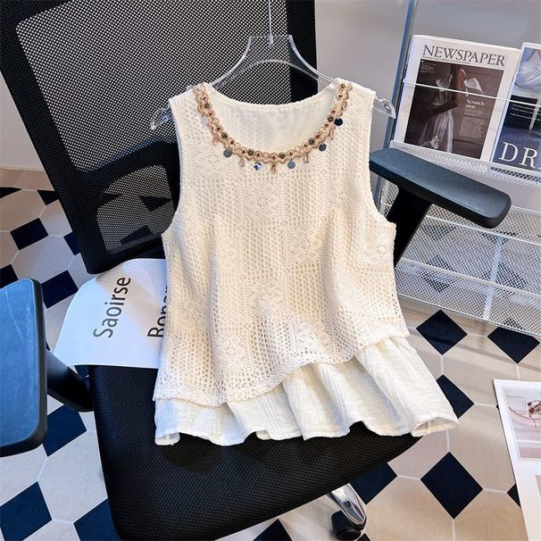 2026 Summer New Ethnic Style Sleeveless Shirt For Women, Faux Two-Piece Slimming Design With Hollow Out Details, Tank_ecoleips.com