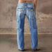 Women's Relaxed Fit Straight Leg Jeans With Vintage Wash, Medium Blue Stretchy Comfort Denim Trousers For Everyday Wear_ecoleips.com