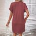 Summer Women's Clothing Fashionable Versatile Buckle V Neck Raglan Shoulder Rolled Sleeve Solid Color Dress 2026 American Style_ecoleips.com