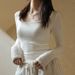 Women's Square Neck Ribbed Fabric T-Shirt Black Low Neck Patchwork Striped Base Layer Autumn Top American Style_ecoleips.com