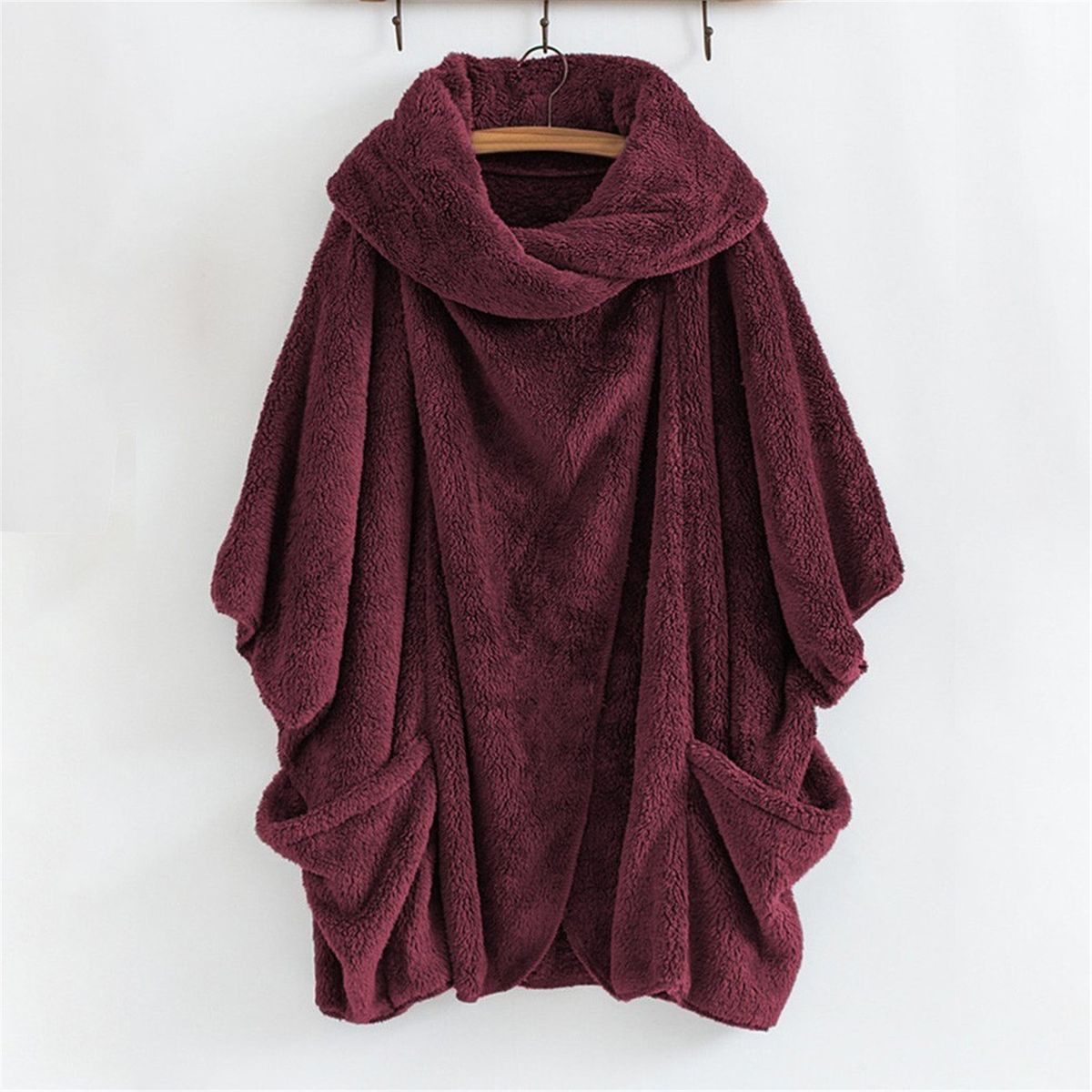 Women's Oversized Batwing Sleeve Coat – Fleece Lined Button Down Collar With Pockets, Streetwear Fashion Outerwear For Fall Winter_ecoleips.com