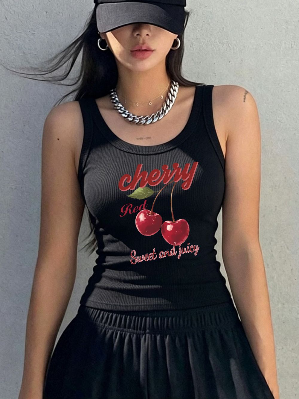 Red Cherries Sweat And Juicy Prints Sleeveless Summer Womens Cotton Singlet Slim O-Neck Ribbed Knit Vest Sporty Soft Tank Tops_ecoleips.com