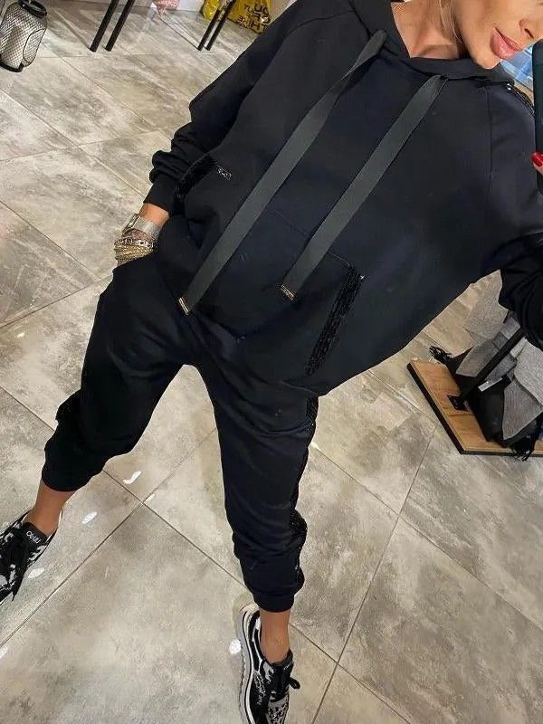 Women's Clothing Casual Sequin Pocket Sports Hooded Sweatshirt Sweatpants Set_ecoleips.com
