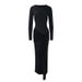 2025 European And American Style Autumn Women's Round Neck Sleeve Slim Fit Tie Waist Bodycon Solid Color Elegant Niche_ecoleips.com