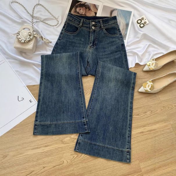 Retro Hong Kong Style Micro Jeans Women, New Spring High-Waisted Double-Buckle Slimming Loose Flare Pants For Petite_ecoleips.com