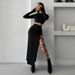 2025 Spring Summer New Women's Fashion Solid Color Casual Round Neck Sleeve Top Slim Tie Long Dress Set_ecoleips.com