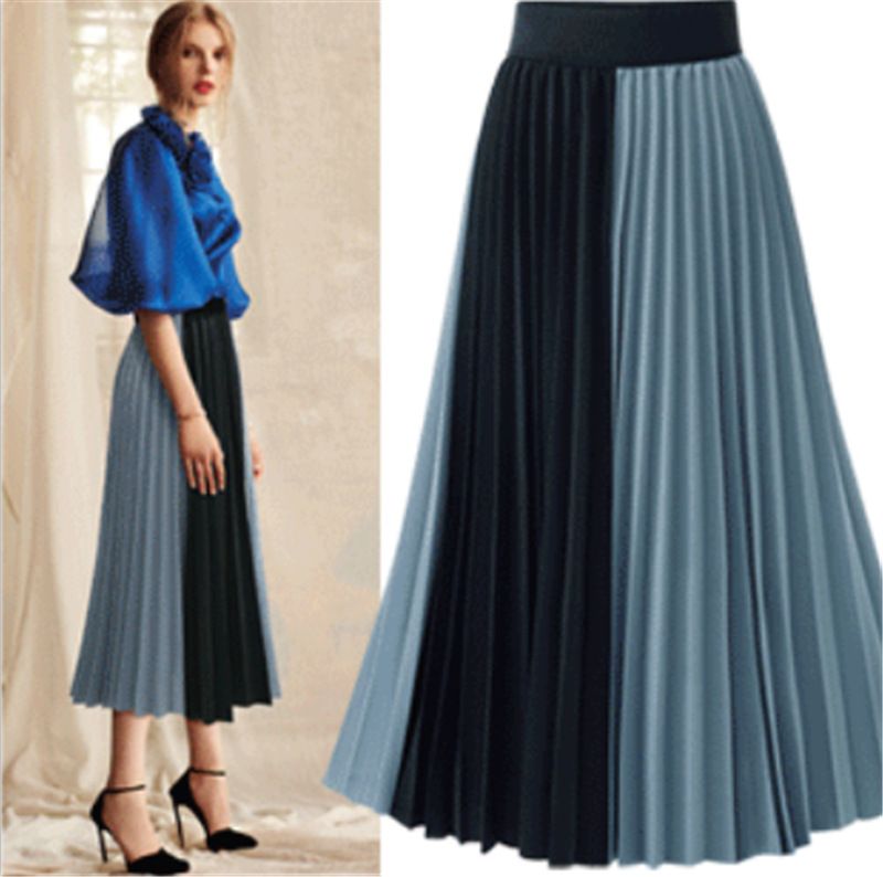Verve Wind Color Block Pleated Folded Patchwork Chiffon Midi Skirt_ecoleips.com