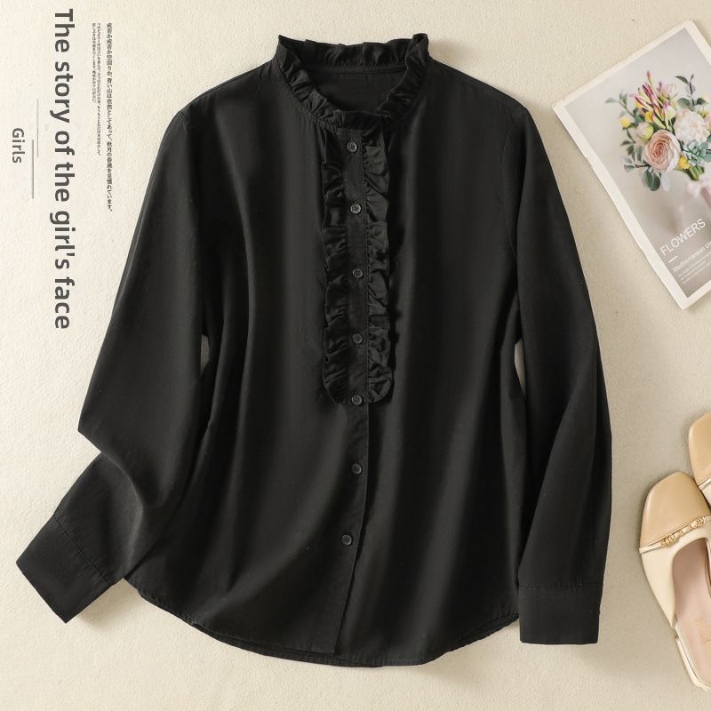 Women's Clothing Artistic Cotton Long Sleeved Shirt Ruffled Collar Loose Fit Spring Top New Style 2026_ecoleips.com