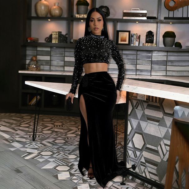 Women's Clothing Fashion Round Neck Sequined Short Long Sleeve Top Sexy High Slit Velvet Half Area Two Piece Suit For Women_ecoleips.com