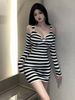 WOMENGAGA Nightclub Sexy Spicy Girl Stripe Design Long Sleeve Off Shoulder V-Neck Low Cut Short Tight Dress Elegant Sweet I3Z5_ecoleips.com