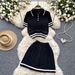 Summer New All Match Knit Sweater Two Piece Suit For Women Retro Contrast Color Short Sleeve Top High Waist Pleated Skirt_ecoleips.com