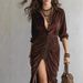 Aria Basics Aria Basics 2025 Autumn/Winter Cross-Border European American Fashion Buttoned Ruched Slit Velvet Dress With Turn-Down Collar And_ecoleips.com
