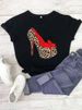 European American Cross-border Foreign Trade Women's Short-sleeve T-shirt With High-heeled Shoe Pattern And Round Neck_ecoleips.com