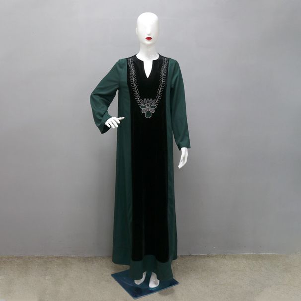 Women's Clothing Middle East Muslim Dubai Arab Women's Clothing Hot Diamond Velvet Stitching Contrast Color Robe Dress_ecoleips.com