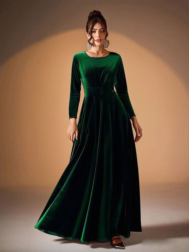Modest Abaya Dress/Muslim Dress Women Elegant Plus Size Velvet Evening Dress With Long Sleeves & Pleated A-Line Hem For Women_ecoleips.com