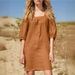 New French Square Neck Cotton And Linen Dress Five-quarter Sleeve Bubble Sleeve Casual Loose Short Skirt Women_ecoleips.com