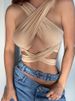 Women Strappy Cross Over Front Cut Out Halter Neck Sleeveless Backless Wrap Crop Top Bandage Vest Summer Sexy Tops Woman Clothes_ecoleips.com