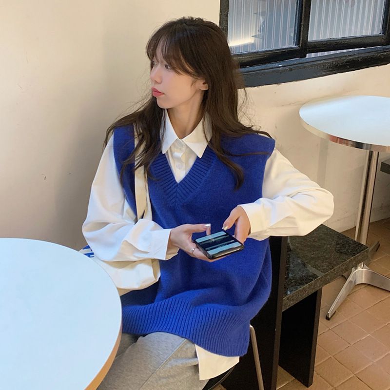 Women's V-Neck Knit Sweater Vest Pure Color Pullover Top - Klein Blue/Black/White/Coffee/Grey, Oversized Casual Cardigan For Autumn Winter_ecoleips.com