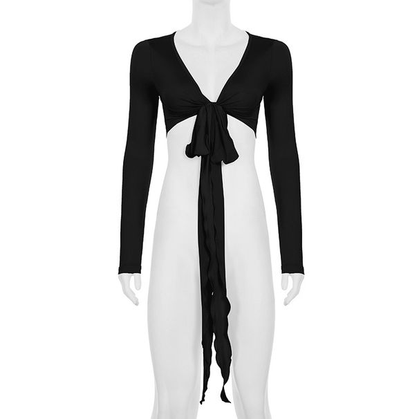 2025 Spring Summer Export Women's Shawl Crop Lace-up Sexy V-neck Fashion Outerwear Long Sleeve Top Wholesale_ecoleips.com