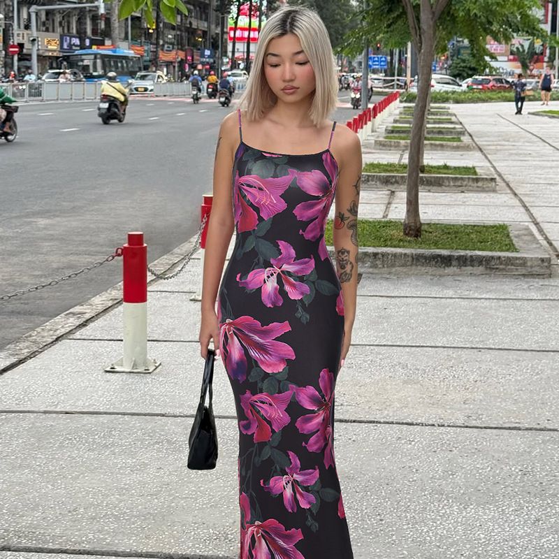 European And American Women's Clothing 2025 Summer New Fashion Printed Sexy U-Neck Slim Fit Color-Block Strap Dress_ecoleips.com