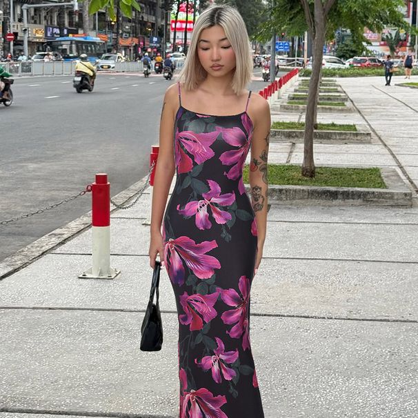 European And American Women's Clothing 2025 Summer New Fashion Printed Sexy U-Neck Slim Fit Color-Block Strap Dress_ecoleips.com