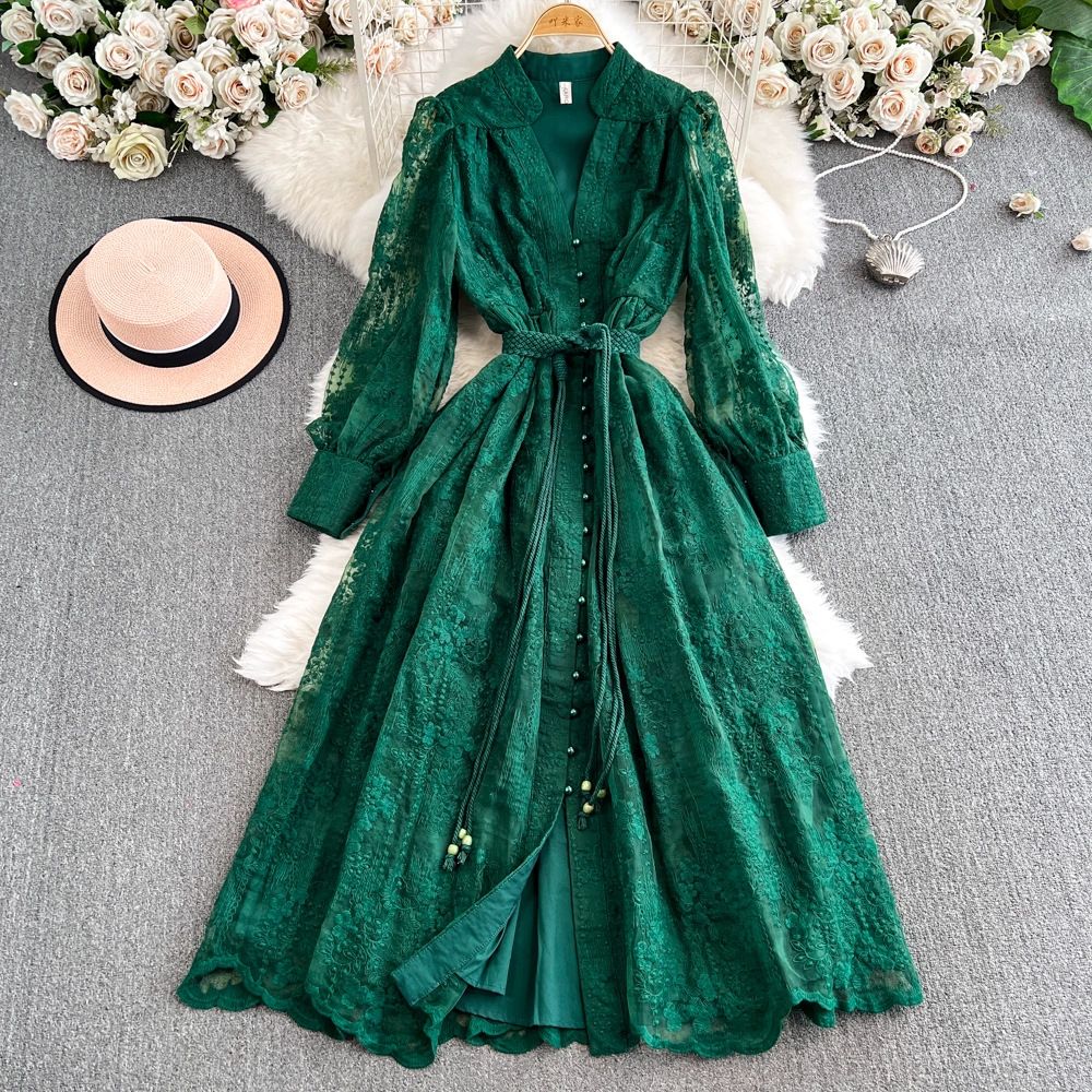 Women's Fitted Waist Dress Heavy Embroidery V Neck Lantern Sleeves Single Breasted Long Dress Autumn Winter 2025_ecoleips.com