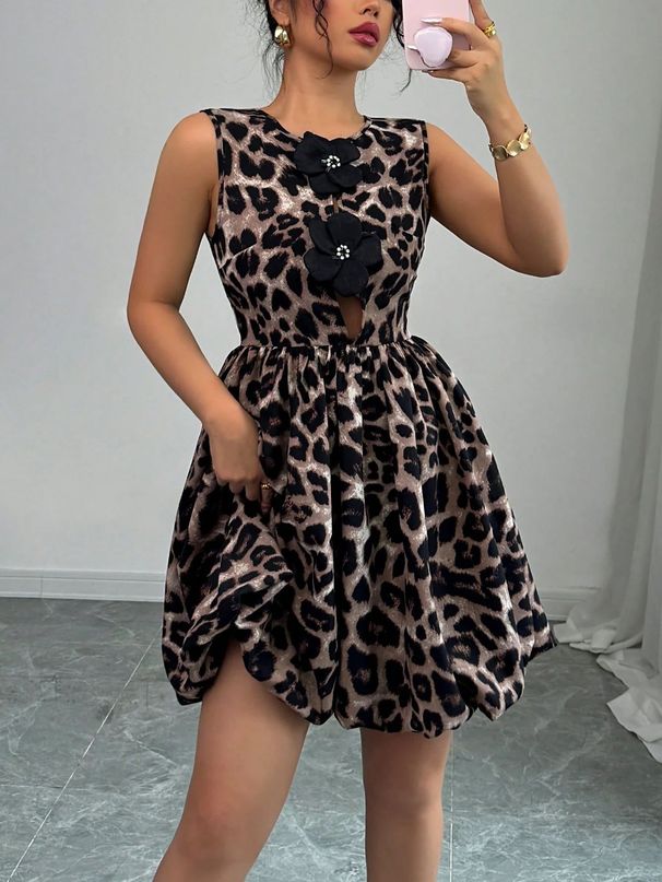 Women's Clothing New Women's Leopard Print Three Dimensional Flower Decoration Dress Summer Women_ecoleips.com