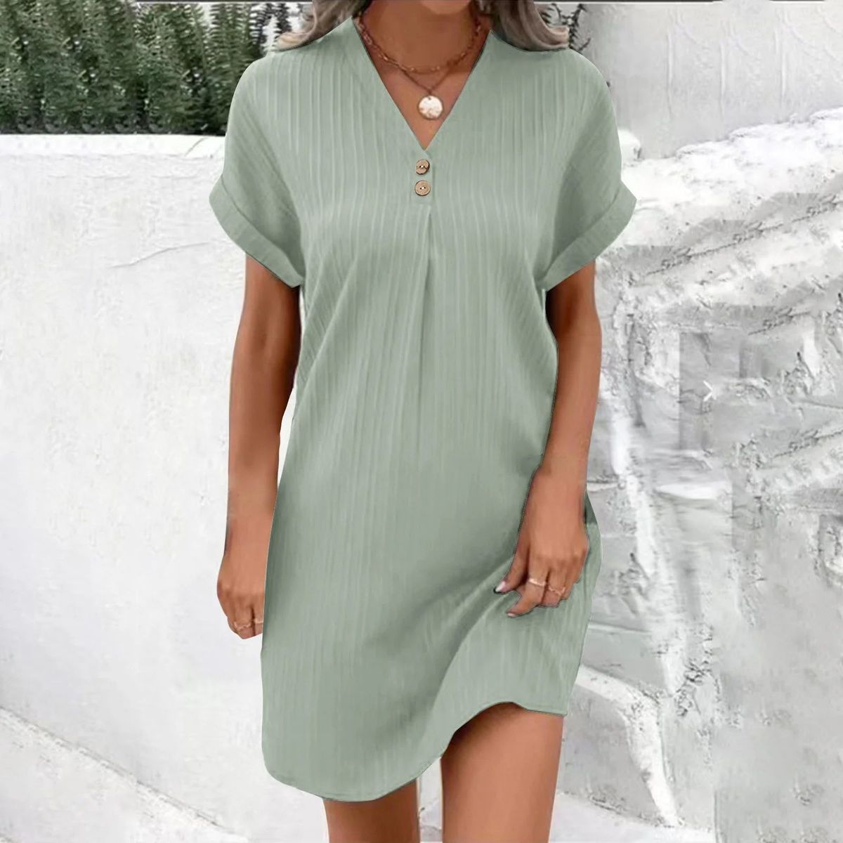 Women's Clothing V Neck Solid Color Pullover Comfortable Casual Button Dress_ecoleips.com