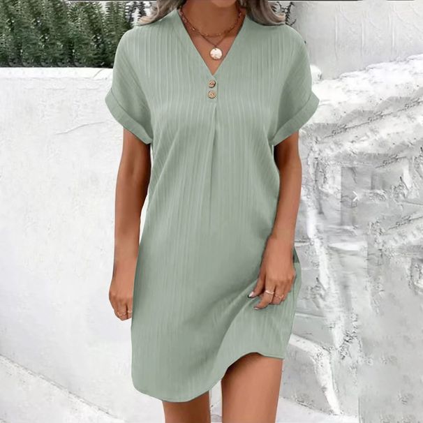 Women's Clothing V Neck Solid Color Pullover Comfortable Casual Button Dress_ecoleips.com