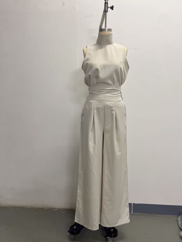 K New Solid Color Temperament Women's Simple Sleeveless Top And Wide Leg Pants_ecoleips.com