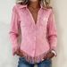 Voya Women's Western Denim Style Suede Fringe Slim Fit Temperament Fashionable Long Sleeved Shirt Top_ecoleips.com