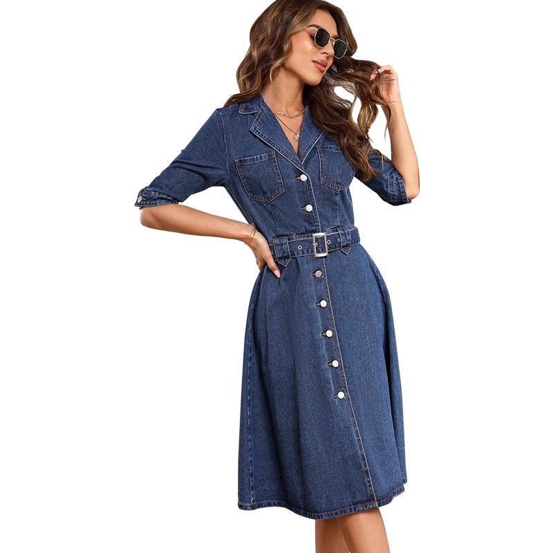 Women's Slim Fit Denim Dress Short Sleeve Spring/Autumn Summer New Style 218669 Cross Border Fashion Direct Sales_ecoleips.com