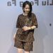 Women's Leopard Print Rhinestone T-Shirt And Shorts Set plus Size Summer Two Piece Crew Neck Short Sleeved Outfit_ecoleips.com