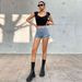 Voya Women's V-neck Pleated Slim Fit Pleated T-shirt With Elastic Exposed Belly Button Solid Color Ultra Short Sleeved Top_ecoleips.com