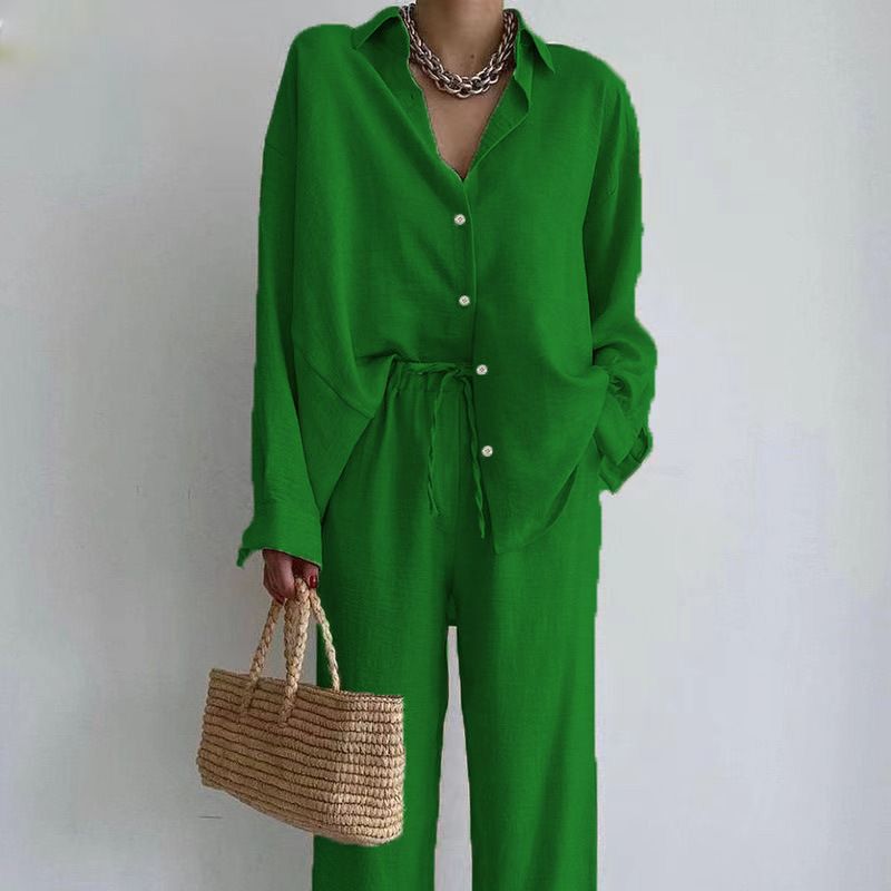 Fashion Women's Solid Color Two Piece Set Elegant Long Sleeved Top And Straight Leg Pants New Cross Border Style 2026_ecoleips.com